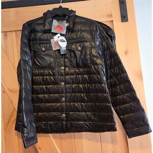 New! My Anorak Size M Black Down Snap Shirt Trucker Jacket Elbow Patch Pockets